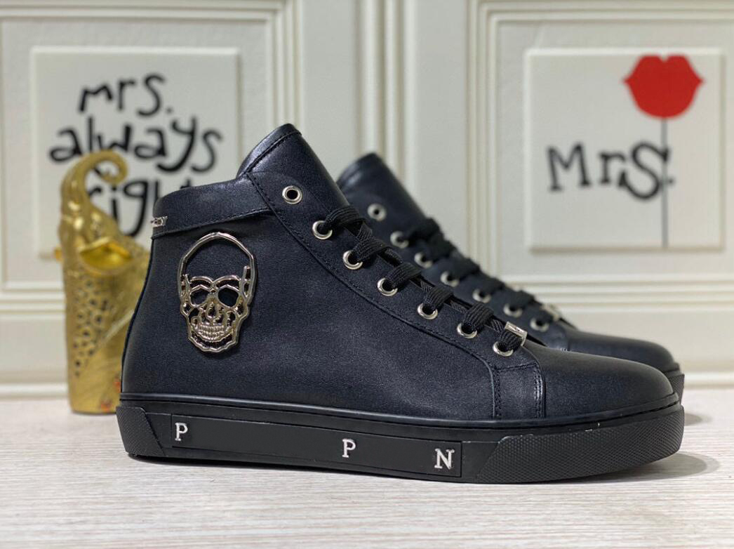 

Brand P casual shoes Trainers Luxurys Designers Sneakers skull shoe Mens Runner High top 100% Leather Snekaer, Black