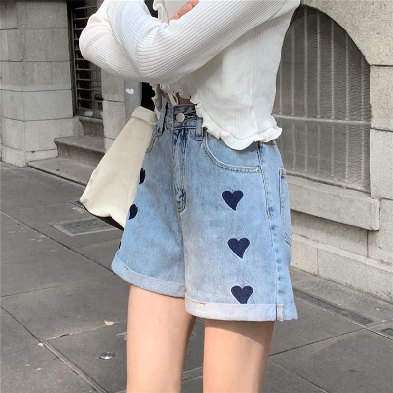 

Women' Shorts Hzirip Korean Blue All-Match High Waist Slim Design Women 2021 Casual Chic Fashion Loose Love Embroidered Denim