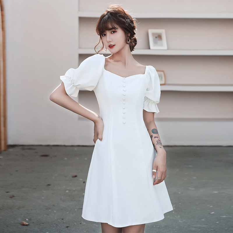 

Office Lady White Exquisite A-line Dresses Button Trim Elegant Short Banquet Gown Square Collar Formal Party Dress 69d4