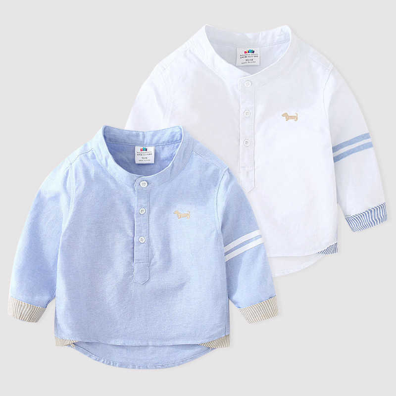 

Spring Autumn 2 3 4 6 8 10 Years Handsome Solid Color Cotton Mandarin Collar Long Sleeve White Shirts For Baby Kids Boys 210701