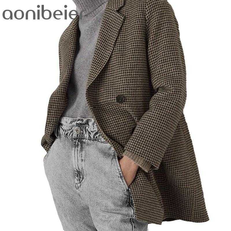 

Women Plaid Coat Office Double Breasted Clothing Vintage Long Sleeve Pockets Female Outerwear Chic Tops 210604, Dark grey