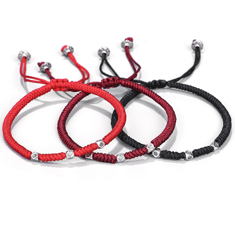 

Woven Rope Silver Beads Couples Charm Bracelets Handmade Jewelry Black Red Kont Love Bracelet Bangles For Women Men Gift