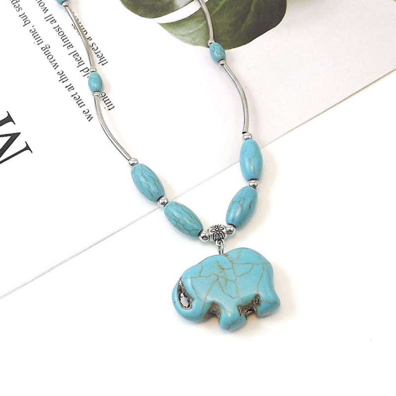 Pendant Necklaces Trendy Silver Plated Green Turquoises Stone Elephant Shape Beads Chain Necklace Animal Jewelry-image-709265055