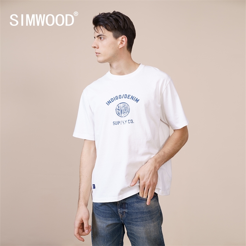 

Summer 100% Cotton 250g Thick Fabric T-shirt Men Letter Print Loose Drop Shoulder Tshirt Casual Tops SK170161 210721, White