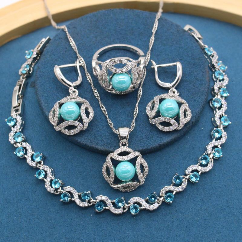 

Earrings & Necklace Sky Blue Pearl Silver Color For Women Pendant Ring Zirocnia Bracelet Wedding Jewelry Sets Birthday Gift Box