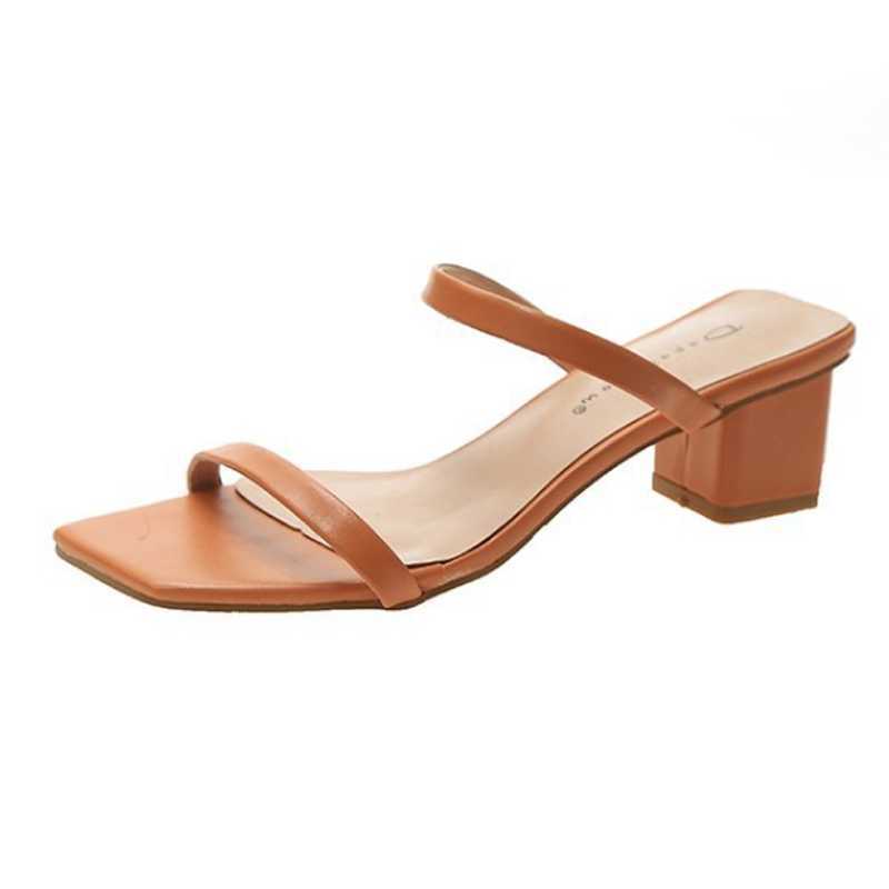 

New Fashion Women Sandals Summer Simple Thick Heel Slippers Square Open Toe Slides Party Shoes Female Outdoor Open Toe Slides Y0721, Orange