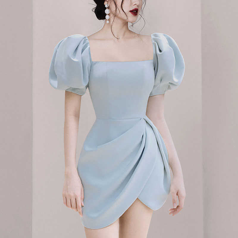 

Elegant Fashion Vintage Dress Women Summer Puff Sleeve High Waist Ruched Slim Short Party Female Vestidos 210526, Photo color