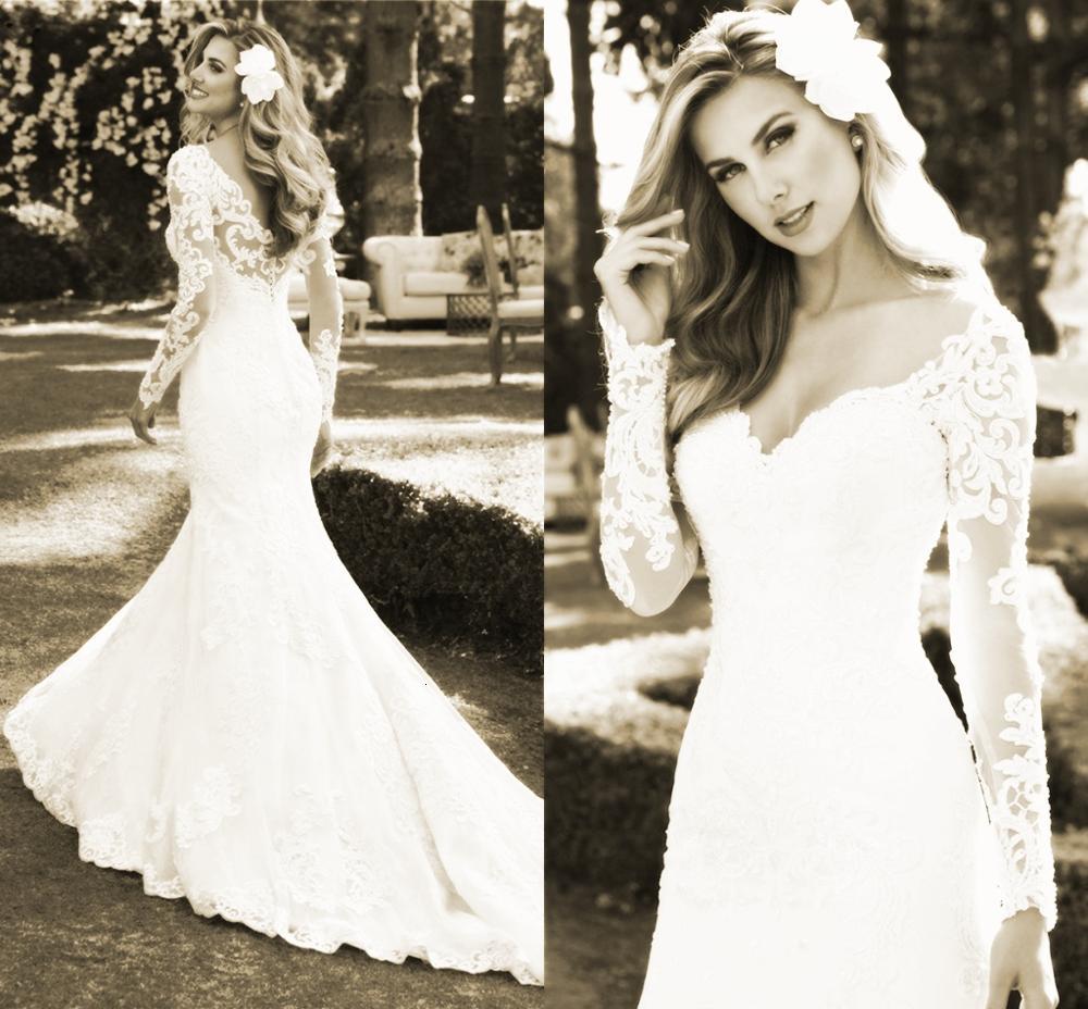 

2021 Sexy Wedding Mermaid Long Sleeve Lace Pearls Appliques Gorgesous New Design Bride Es Custom Made Pqha, White