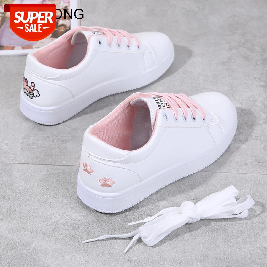 

LCIZRONG 2019 New Cute Women Casual Shoes Cat Lace Up White Vulcanize Shoes Woman 3 Colors Cartoon Travel Walking Flat Shoe #Nl3d