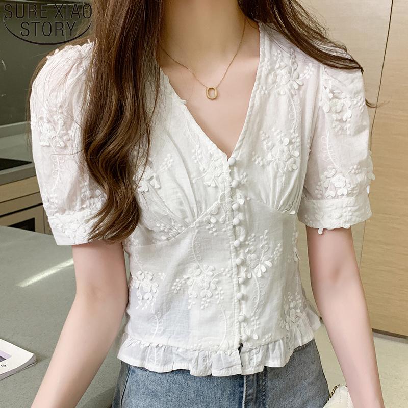 

Women's Blouses & Shirts Appliques Shirt 2022 Fashion White Lace Tops Women Casual Sweet Vintage V-neck Puff Short Sleeve Blouse 9778