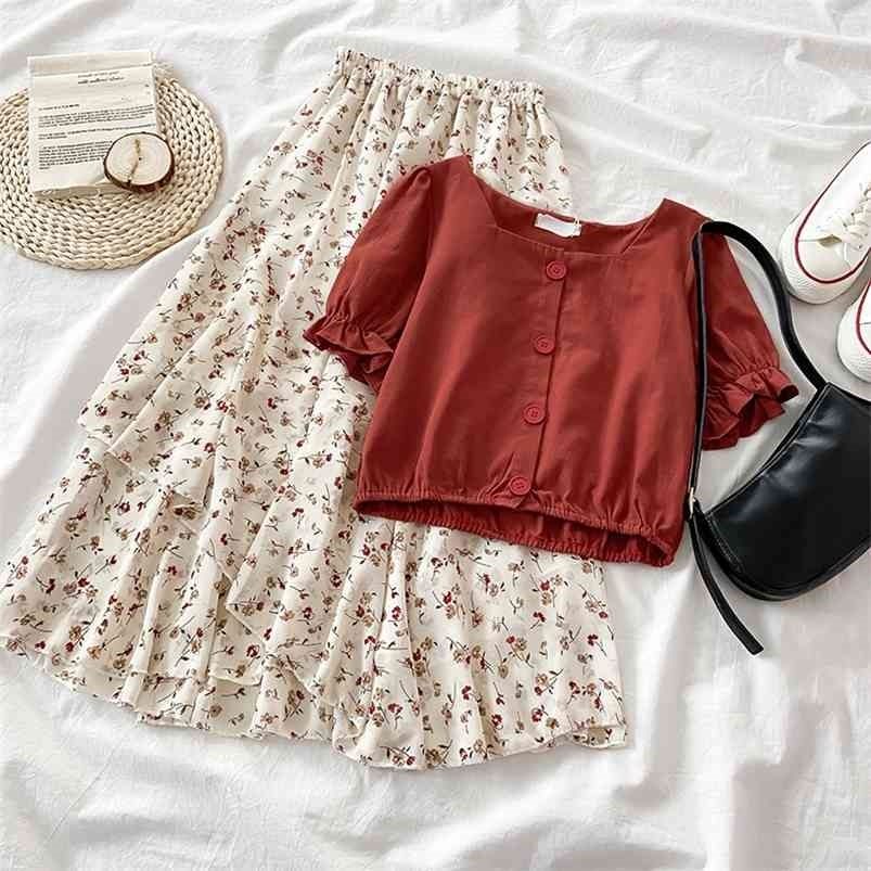 

Summer Skirt Set Women Casual O-neck Short Sleeve Blouse + High Waist Flower Pattern Skirt Matching Set 210730, Top