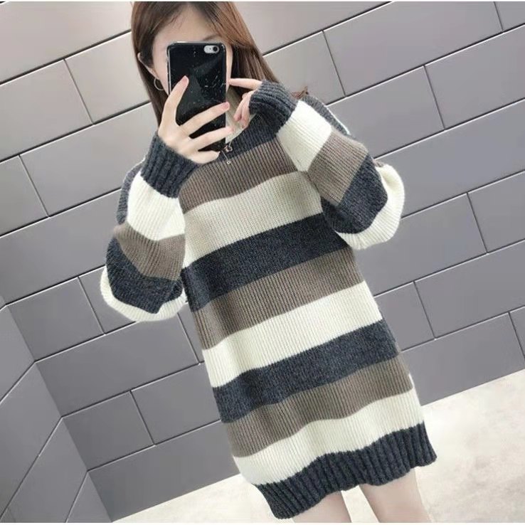 

Winter High Quality Sweater For Women Korean Style Contrast Solor Striped O-Neck Pullovers Fashion Medium Length Loose Sweater, White;black