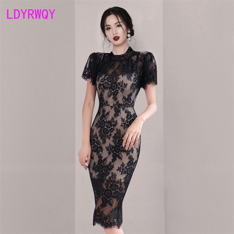 

LDYRWQY summer style temperament stand-up collar lace slim fit fashionable sexy hip dress Office Lady 210603, Black