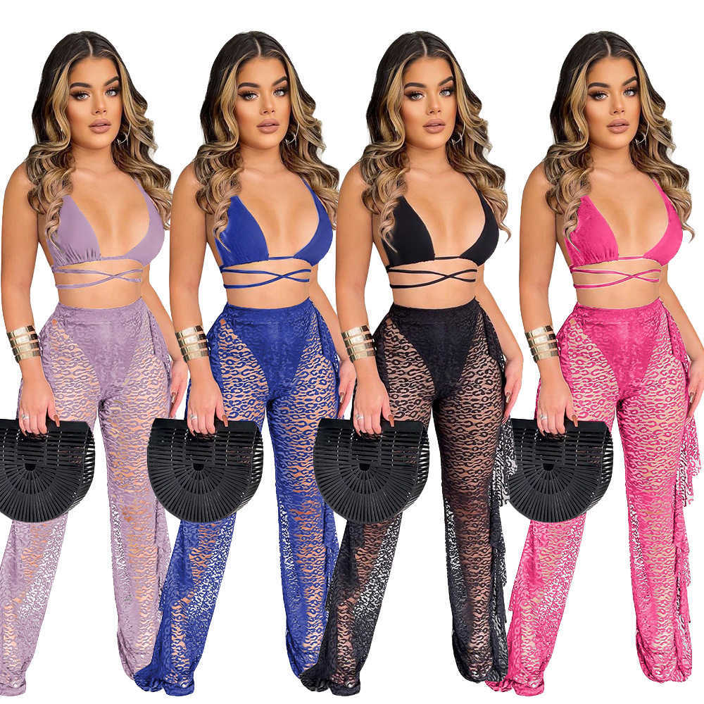 

Summer Women Two Pieces Pant Sets 2021 Lace Cut Out Bikini Wide Leg Pants With Ruffles (including Underwear), 1# black