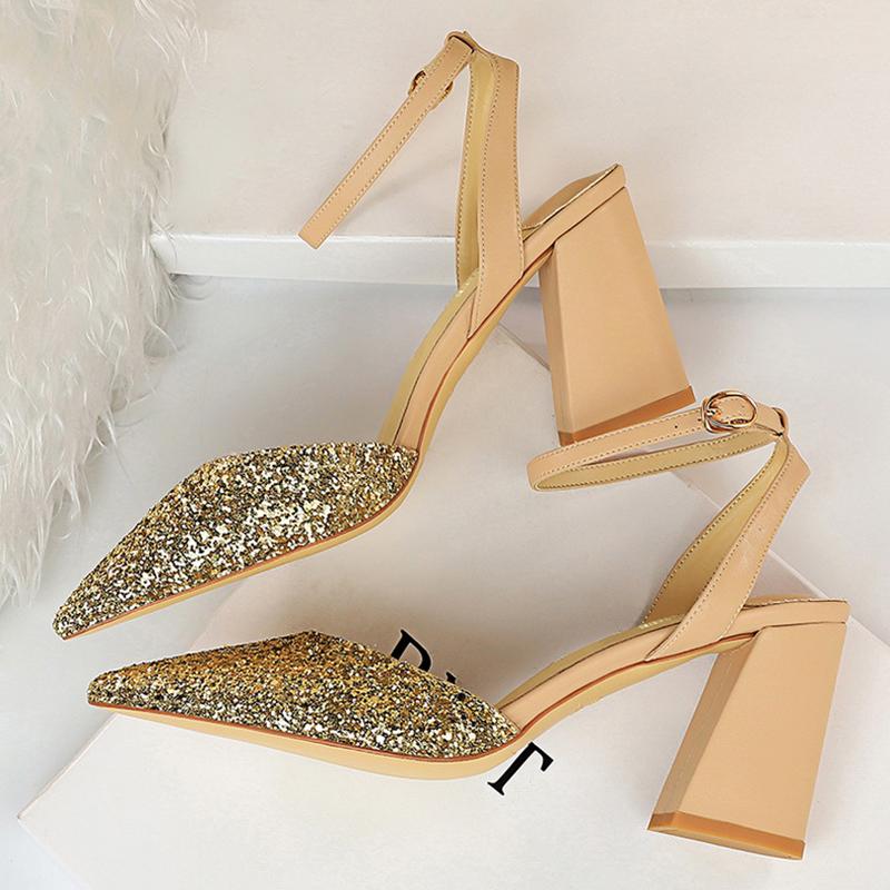 

2021 Women 8cm High Heels Sandals Lady Glitter Stripper Block Low Heels Sandles Girls Wedding Bridal Chunky Office Bling Shoes, Black