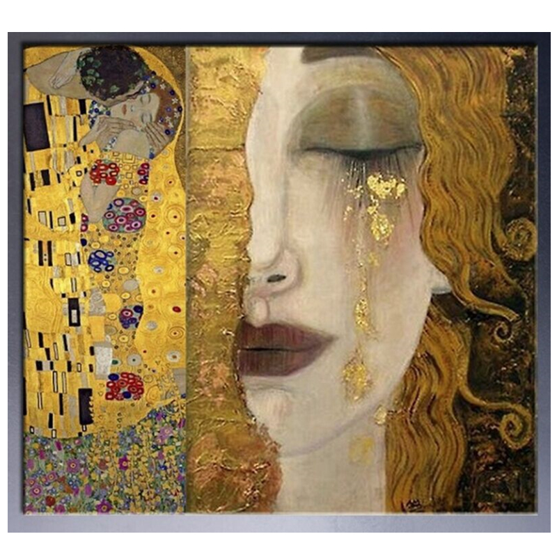 The kiss and Golden Tears Gustav Klimt Oil Painting Reproduction Abstraction Canvas Art Pictures for Living Room Wall, Hotel, Office,Hallway,Home-image-740838150