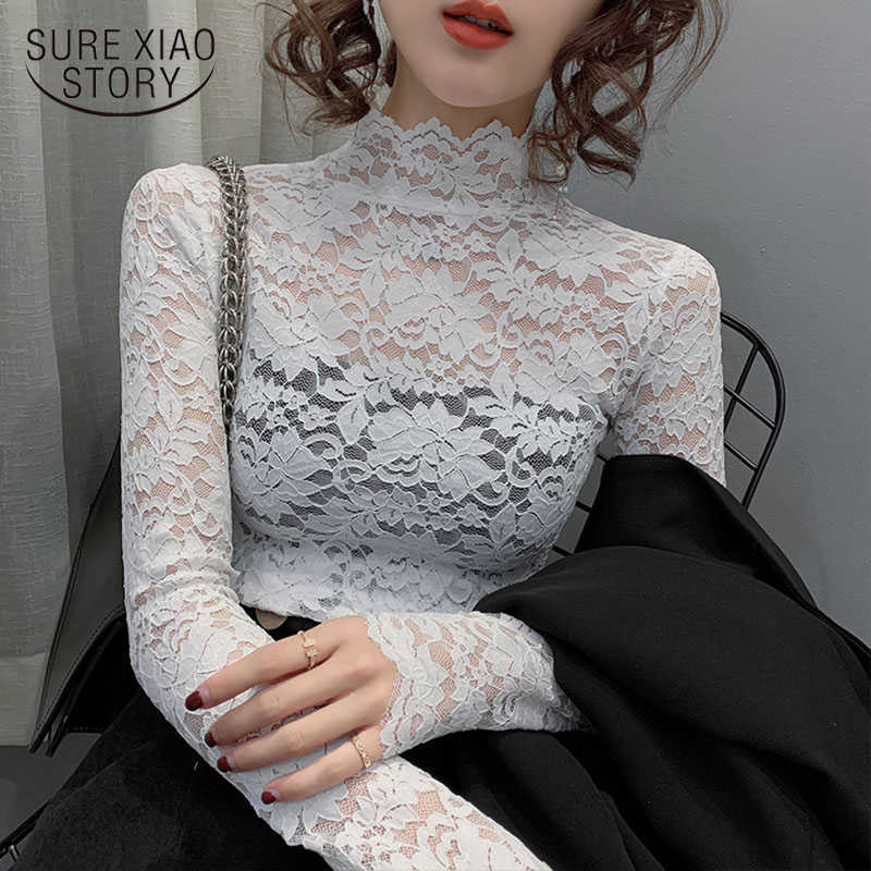 

Sexy Turtleneck Lace Blouse Long Sleeve Shirt Women See Through Lady Tops Autumn Winter Blouses Hollow Mesh Female Blusas 11418 210527, Black