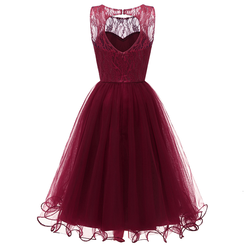 

2021 New Women Elegant Lace Tank Evening Party Sexy O-neck Sleeveless Hollow Out Es Ladies Ball Gown Midi Vestidos M1s3, Burgundy