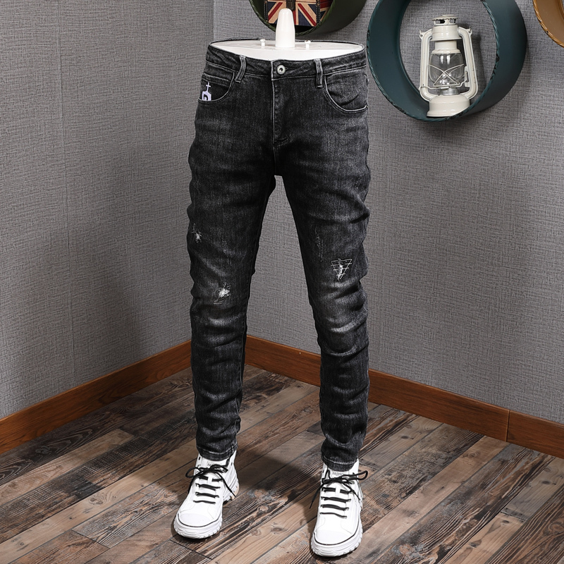 

2021 New Korean Style Fashion Men Jeans Retro Black Gray Elastic Slim Fit Ripped Denim Pants High Quality Streetwear Hip Hop Trousers 7isc