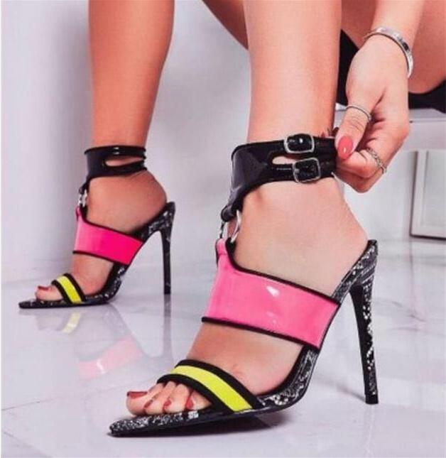

Dress Shoes Sexy Stiletto Heels Ope Toe Sandals Women Black Pink Mixed Colors PVC Gladiator Cut-out Wedding Pumps, As picture