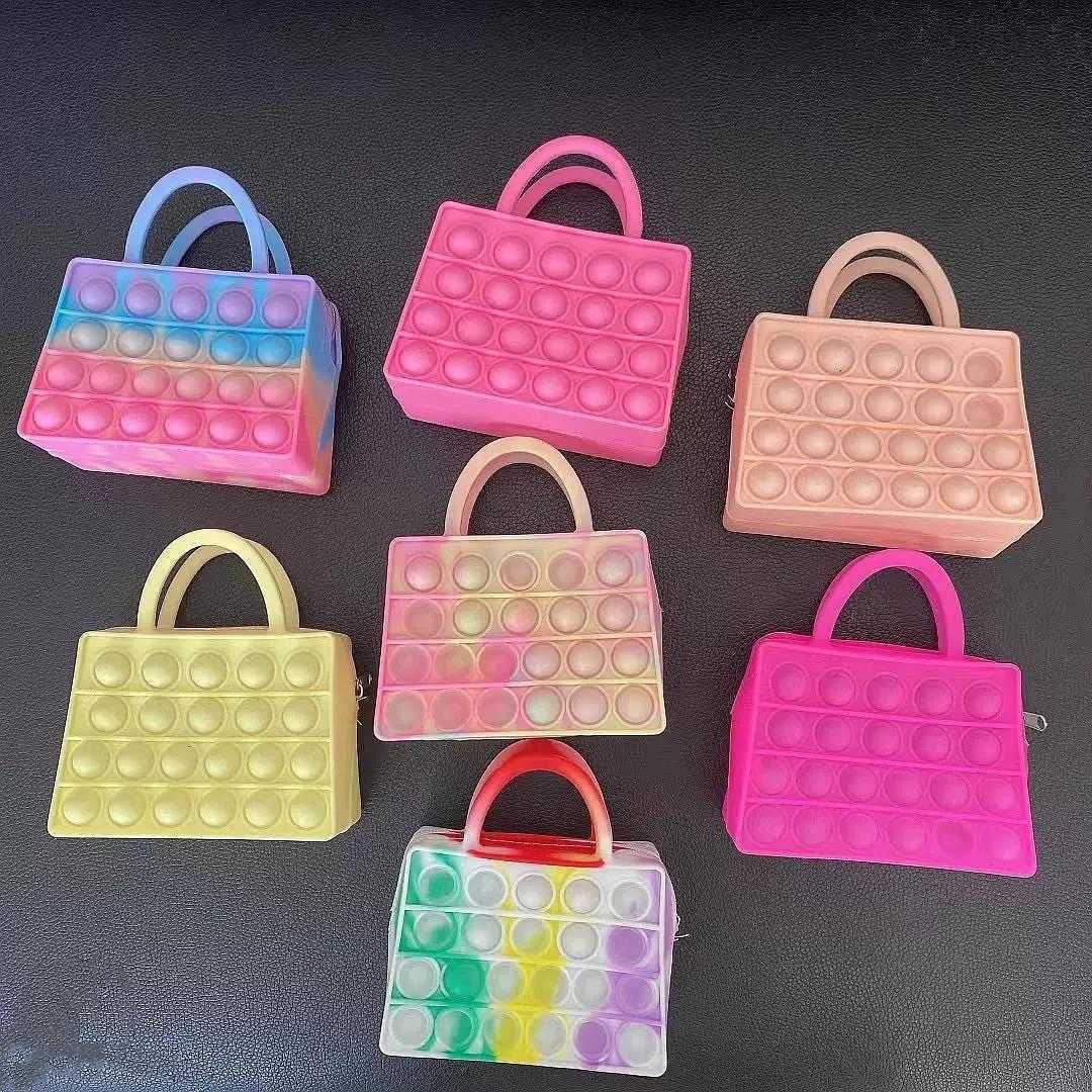 11.5*10CM toys Girls fidget popet bubble purses hand bag sensory push  tote zipper wallet handbag rainbow tie dye silicone washing makeup cosmetic bags