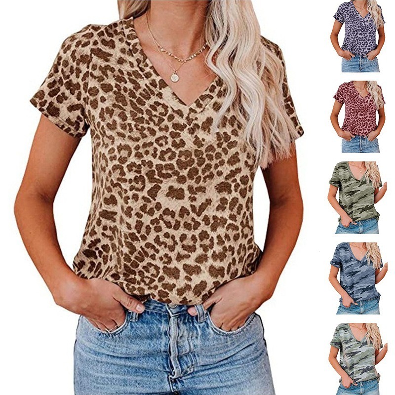 

2021 New Camisetas Mujer Camiseta Feminina Tee Haut Femme Top V-neck Print Short Sleeve T-shirt Women Casual 12wd, Camouflage blue