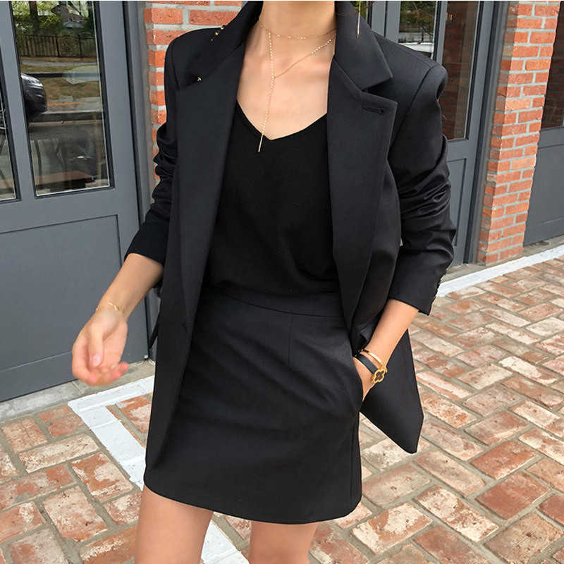 

autumn high-quality professional women' suit skirt two-piece Fall solid color ladies jacket Slim high waist 210527, Black