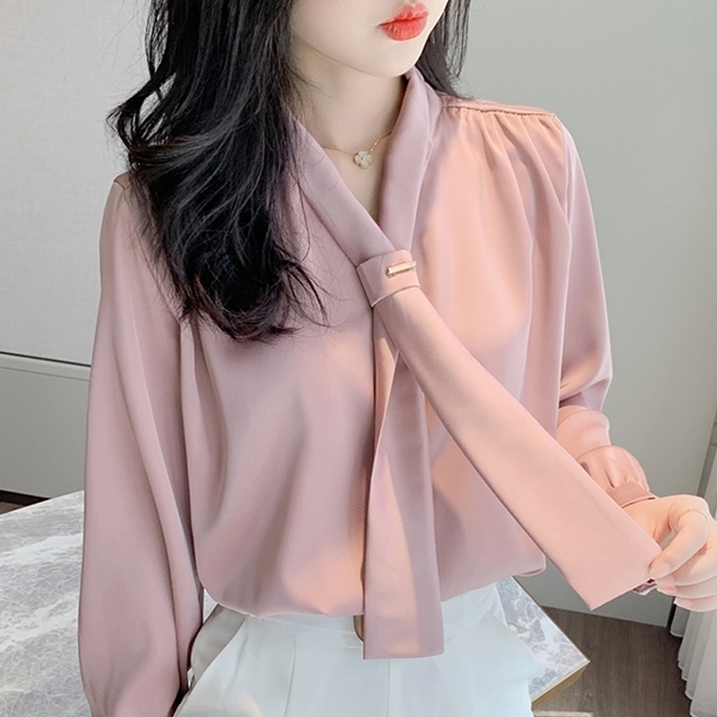 

Blouse Women Blusas Mujer De Moda V-neck Office Blouse For Women Long Sleeve Chiffon Blouse Shirt Women Blouses Shirts D407 210602, Apricot