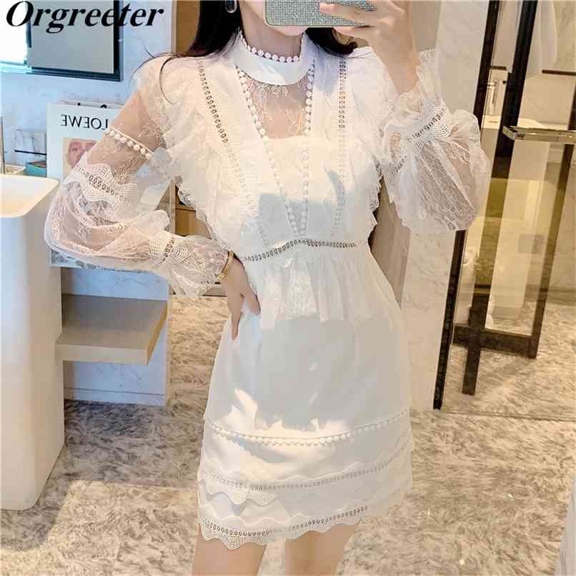 

Runway Summer White Lace Mini Dress Women Fashion Stand collar Puff sleeve Ruffles Patchwork Vestidos 210602