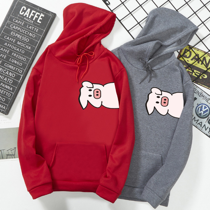 

pig pattern printed hoodie women' autumn and winter style with fleece and thick student Korean version loose round neck hooded long sleeves large size women' dress, Beige