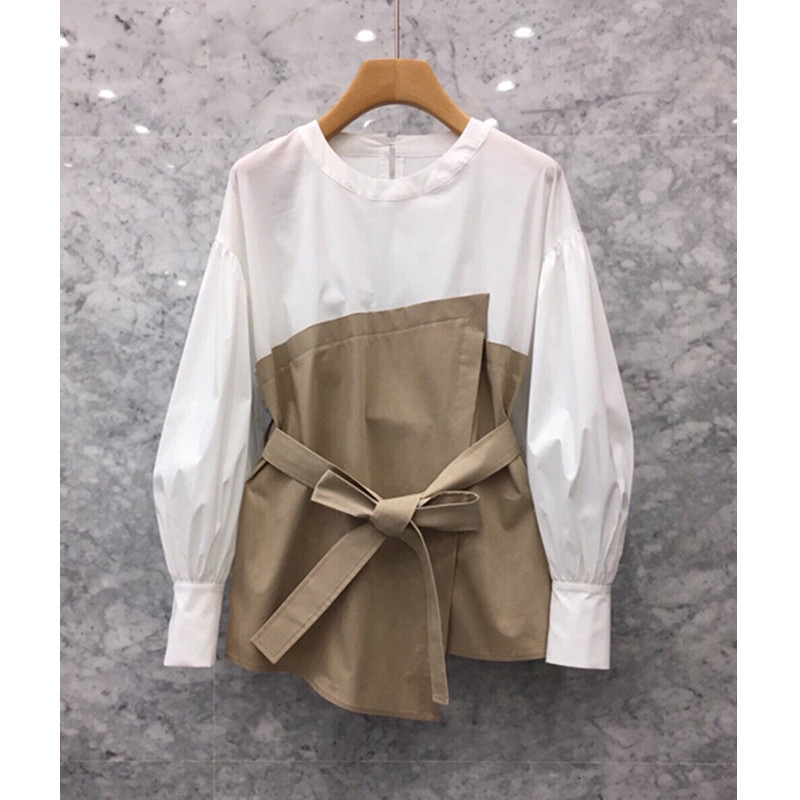 

2021 New South Korea autumn women's personality stitching fake two long-sleeved Han Fan waist shirt JJZL, Camel