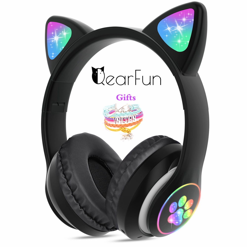 

Flash LED Kid Girl Music Wireless Helmet Cute Cat Ear Bluetooth Headphone with Mic & Unicorn Bracelet Phone Gamer Headset Gift