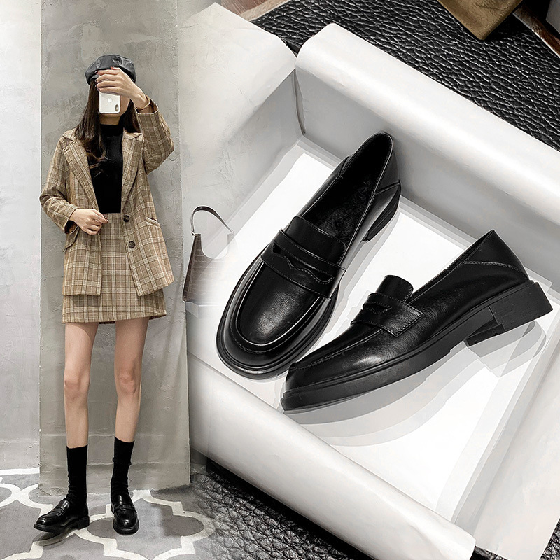 

Lefu shoes women's 2021 new flat bottomed two wear British style small leather shoes, single shoe, one foot pedal casual fashion JK shoes, Black
