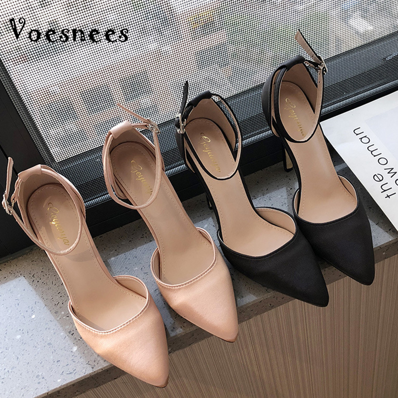 

Women's Shoes 2021 Spring and New Fall Satin Stiletto Sandals Woman Toe Pointed Out Shallow Mouth Buckle Surface High Heels 8li7, Beige.