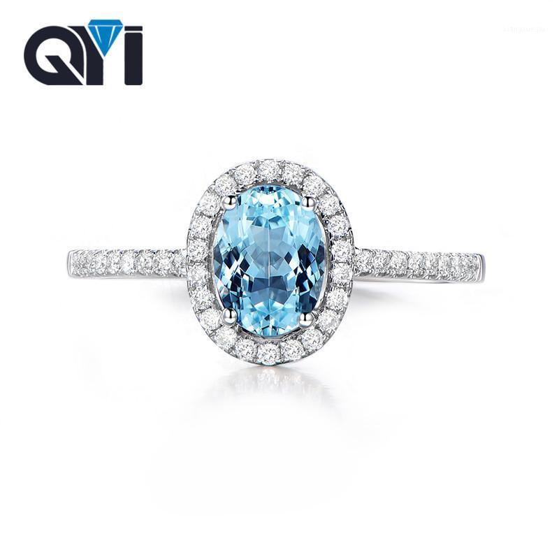 

Cluster Rings QYI Natural Blue Topaz Solid 925 Sterling Silver Ring For Women Oval Cut 1.25 Ct Engagement Gemstone, Golden;silver