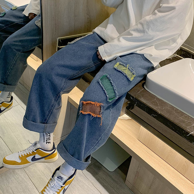 

New 2021 Men's Patch Decorate Straight Cargo Pocket Casual Pants Wash Blue Color Jeans Male Biker Denim Baggy Trousers M-2xl 4a3x, Deep blue