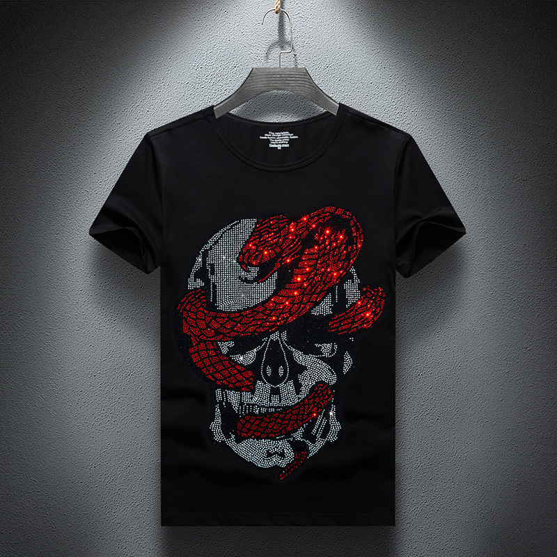 

2021 New T-shirt Men Summer Short Sleeve Fashion Streetwear Slim Cotton Casual Tshirts Rhinestone Plus Size S-7xl Tops Tee Male 74hz, Black