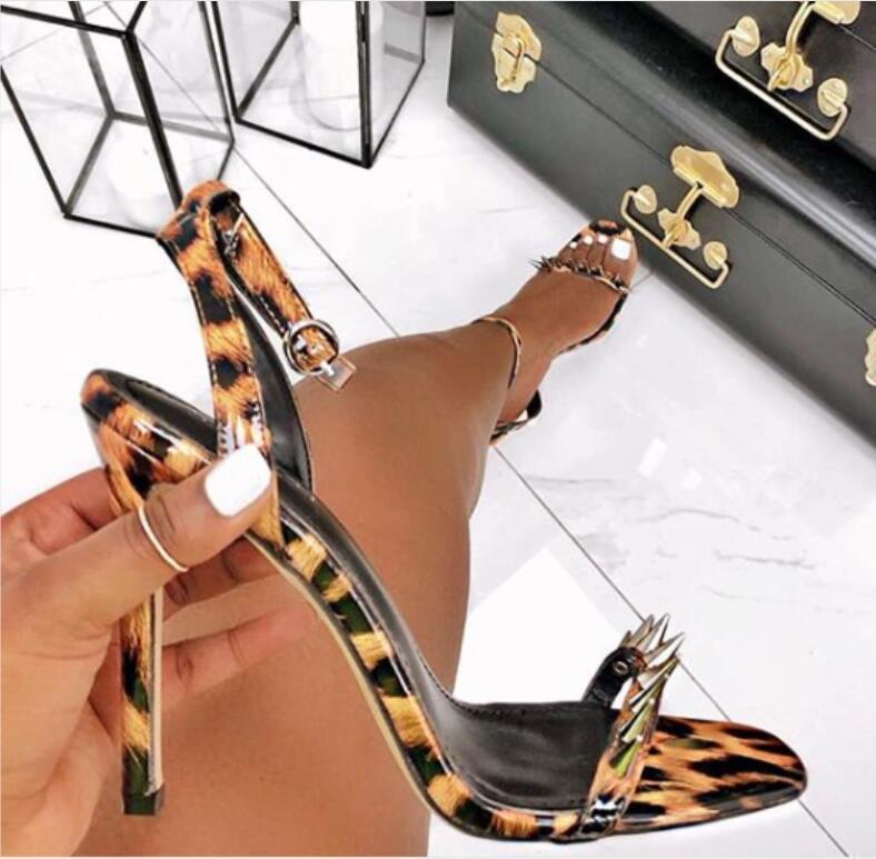 

thin heel rivet heel sexy sandals 2021 print high-heeled shoes women's, Leopard print