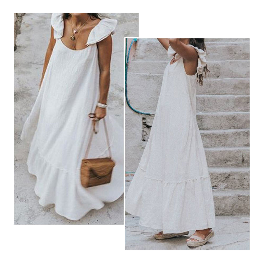 

2021 New Women Elegant Sleeveless Ruffles Maxi Sexy Loose Long Vintage Harajuku Beach Sun Plus Size 5xl Fhvt, As photo