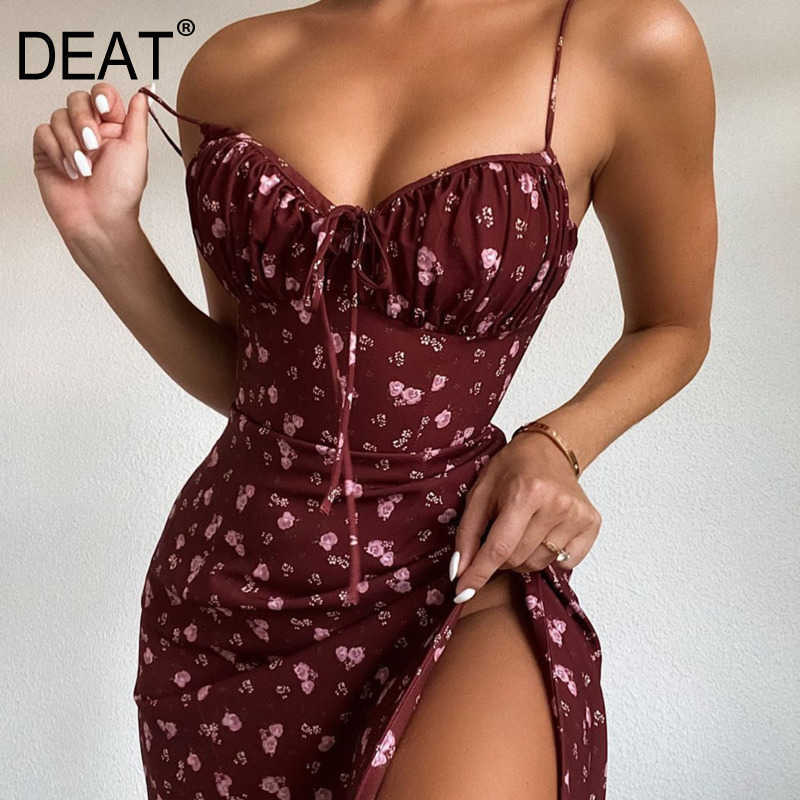 

DEAT Women Slim Dress Fashion Spring Summer Ladies Flower Print Sleeveless Sexy Dress HR484 210709, Wine red