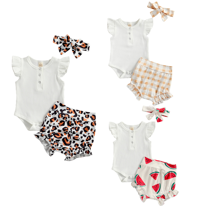 

0-18M Babys Clothing Set Solid Long sleeve Bodysuit Top + Leopard Shorts with Headband 3pcs Set For Baby Girl Clothes
