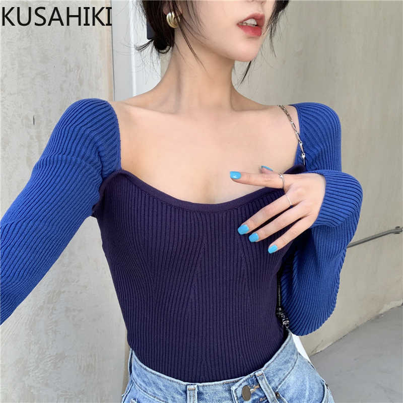 

KUSAHIKI Slim Short Sweater Knitwear Korean Hit Color Patchwork Square Collar Knitted Tops Spring Long Sleeve Jumper 6F476 210602, Blue