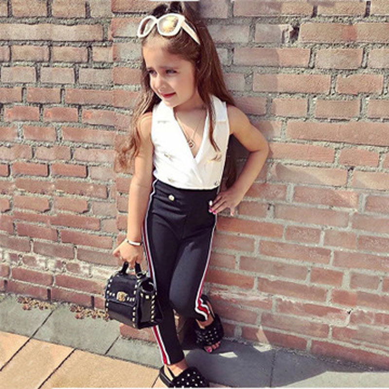 

2021 Summer New Kids Girls Sets Fashion Girl Clothes Suits Cotton Sleeveless Tops Pants 2 Pcs Hot Sale Children Clothing I701, As picture