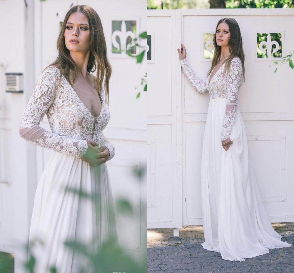 

2021 New Sexy Open Back Long Sleeves Country Bohemian Wedding Cheap Vinatge Deep v Neck Lace Top Chiffon Beach Boho Brida 9qbl, Ivory
