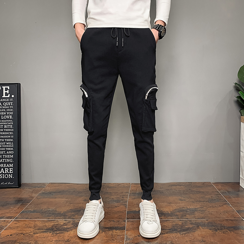 

2021 New Personalidade Lado Es Bolsos Decorao Harem Roupas Masculinas Simples Streetwear Hip Hop Preto Corredores Calas Casuais 36-28 Ul4a, Black