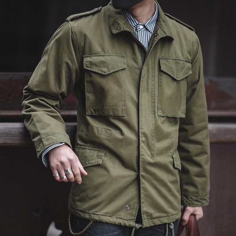 

World War II Army Green American Retro M65 Field Jacket Old version of the trench coat tooling stand collar jacket, Tan;black