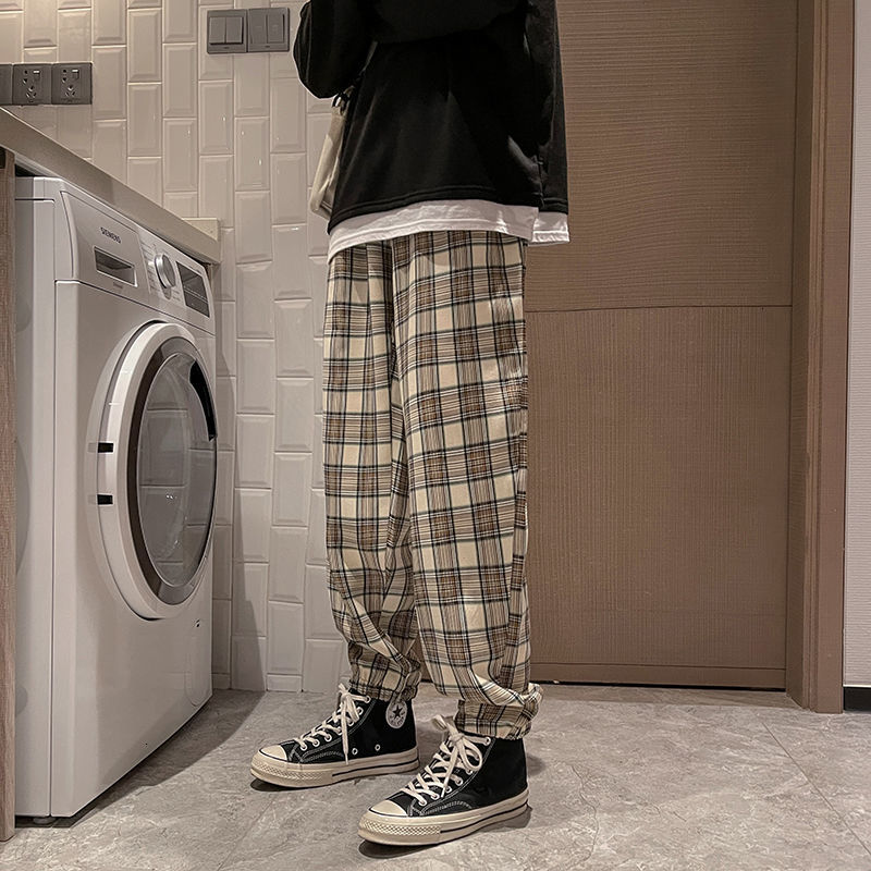 

2021 New Spring Autumn Plaid Men's Fashion Retro Casual Men Trousers Streetwear Korean Loose Hip-hop Straight-leg Pants Mens V7oo, Khaki