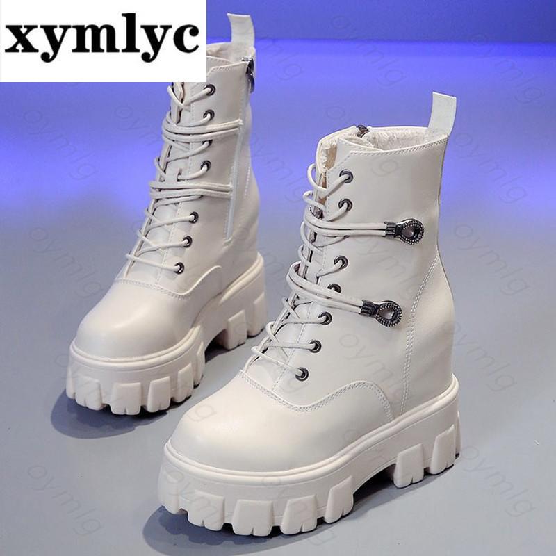 

Boots Women Ankle 2021 Autumn High Top Sneakers Comfortable Leather Platform Winter 10CM Heels Wedges Motorcycle, Beige