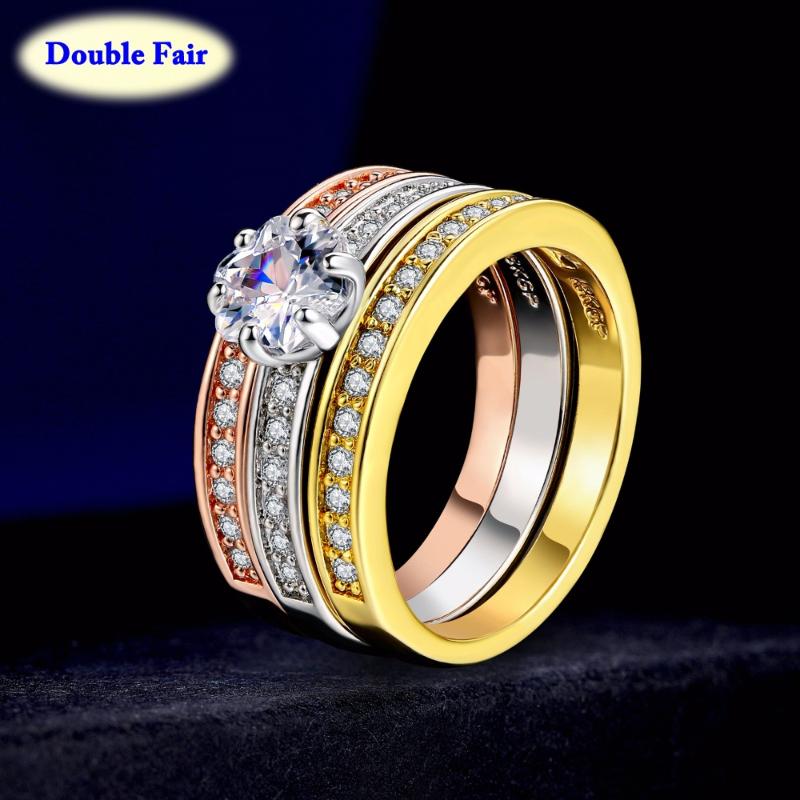

Wedding Rings Classic Design 3 Color Round Cubic Zirconia Paved Engagement Sets For Women Rose Gold Crystal Jewelry DWR107, Slivery;golden