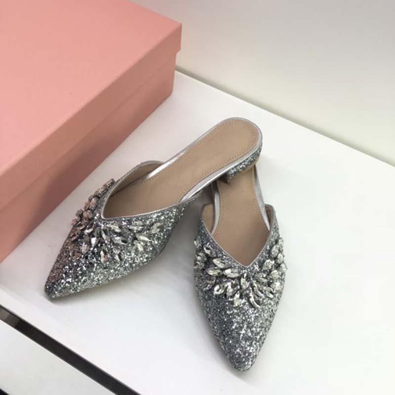

Women Luxurys Designers Slippers Crystal Sequin Pointed Heel Heigh 3 CM Flat Lady Leather Casual Shoes Summer Sandals Classic Mules Loafer Slides, All black